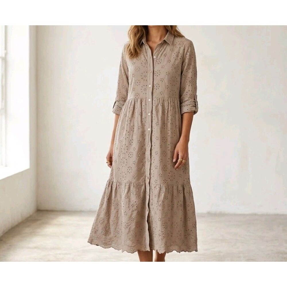 Vacay Beachy Eyelet Maxi Dress Brown Cotton Cottagecore Lined Sz L Boho Women's